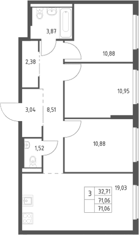 Планировка: Квартира евро-4 71,1 м² в ЖК «Большое Юрлово»