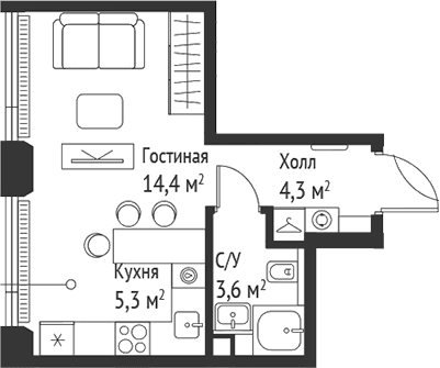 Планировка: Студия 27,5 м² в ЖК «СЕТ»