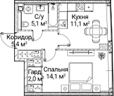 Планировка: 1-комнатная квартира 37,2 м² в ЖК «СЕЗАР БУДУЩЕЕ»