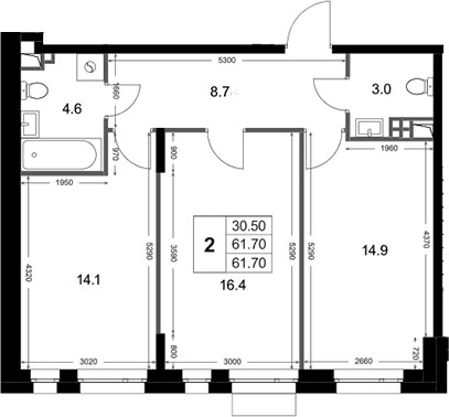 Планировка: 2-комнатная квартира 61,7 м² в ЖК «Кореневский Форт 2.3»
