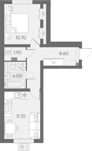 Планировка: 1-комнатная квартира 36,9 м² в ЖК «Ручьи 2»