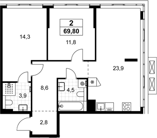 Планировка: Евротрёшка 68,9 м² в ЖК «Хольм»