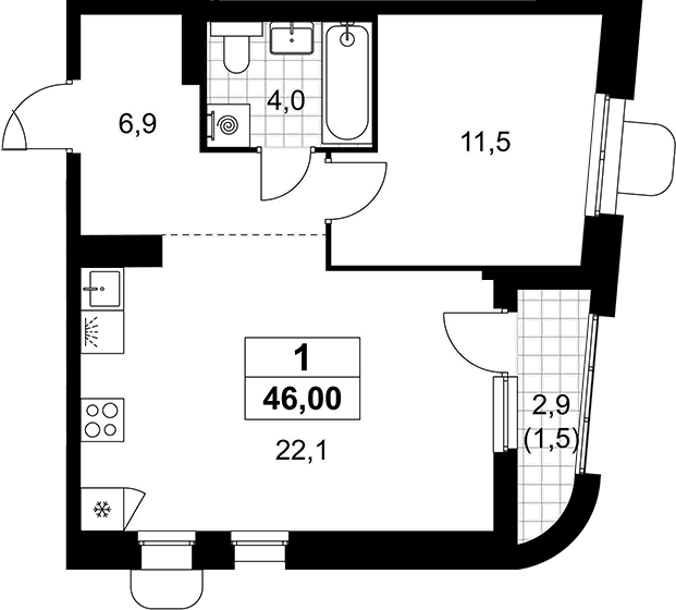 Планировка: Евродвушка 44,5 м² в ЖК «Прокшино»