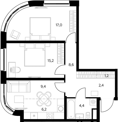Планировка: Евротрёшка 63,8 м² в ЖК «Адмирал»