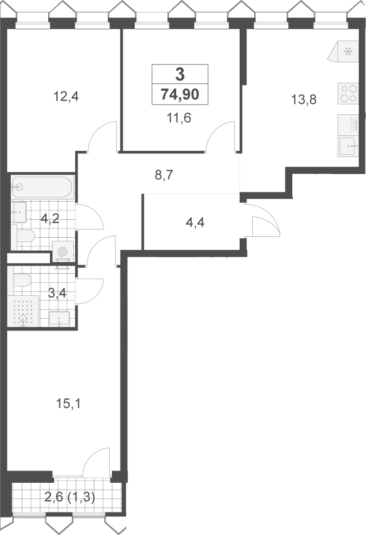 Планировка: 3-комнатная квартира 73,6 м² в ЖК «Деснаречье»