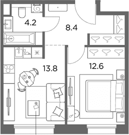 Планировка: 1-комнатная квартира 39 м² в ЖК «Станиславский»