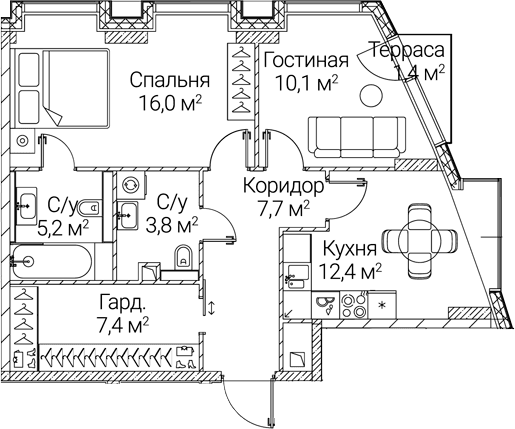 Планировка: 2-комнатная квартира 61,4 м² в ЖК «СЕЗАР БУДУЩЕЕ»