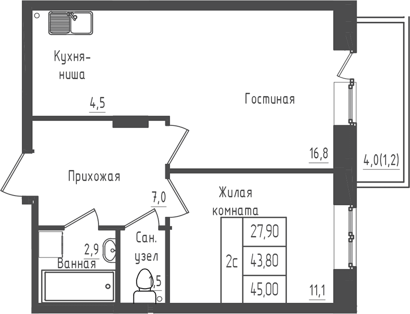 Планировка: 1-комнатная квартира 43,8 м² в ЖК «Зеленый город»