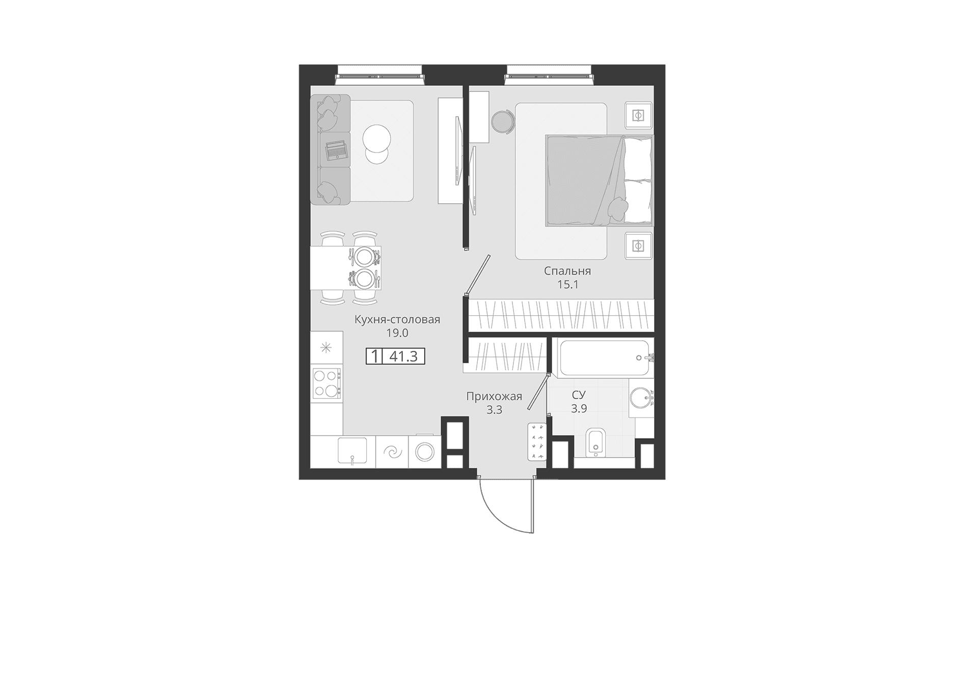 Планировка: Евродвушка 41,3 м² в ЖК «ГРЭЙ»