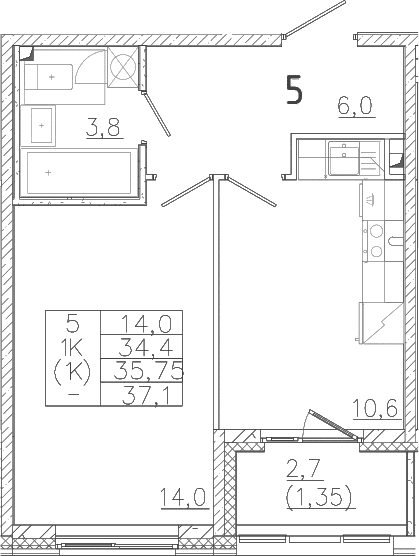 Планировка: 1-комнатная квартира 34,4 м² в ЖК «Лисино»