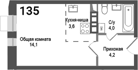 Планировка: Студия 25,9 м² в ЖК «Киноквартал»