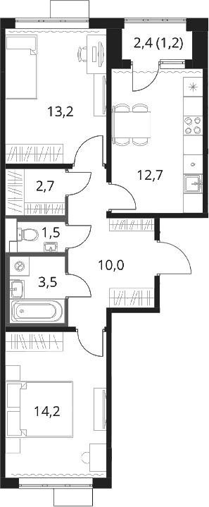 Планировка: 2-комнатная квартира 57,8 м² в ЖК «1-й Шереметьевский»