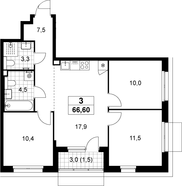 Планировка: Квартира евро-4 65,1 м² в ЖК «Деснаречье»