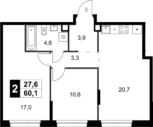 Планировка: 2-комнатная квартира 60,1 м² в ЖК «Симоновский Вал»