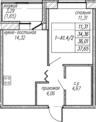 Планировка: 1-комнатная квартира 34,4 м² в ЖК «Уютный Новоселье»
