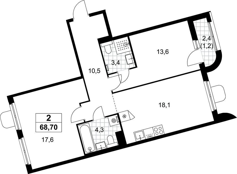 Планировка: Евротрёшка 67,5 м² в ЖК «Прокшино»