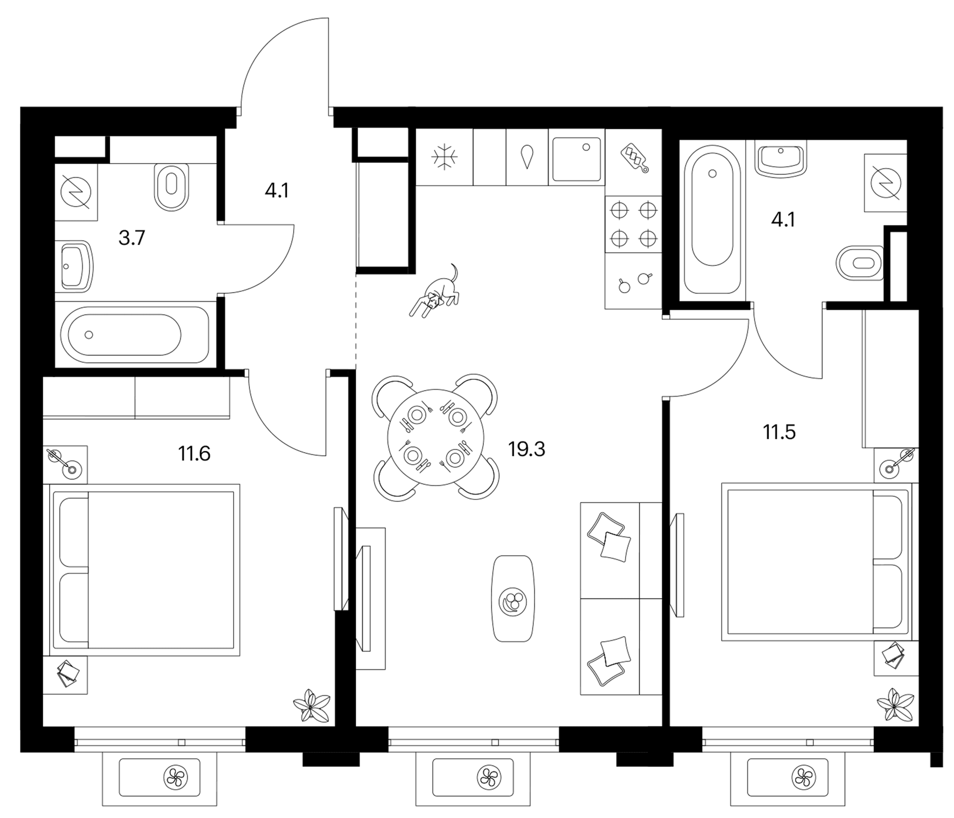 Планировка: 2-комнатная квартира 54,3 м² в ЖК «Белая Дача парк»