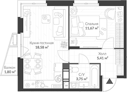 Планировка: Евродвушка 39,4 м² в ЖК «ВЕРЕН НОРТ Cертолово»