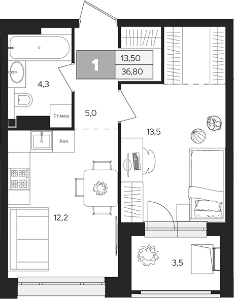 Планировка: 1-комнатная квартира 35,1 м² в ЖК «Ласточкино»