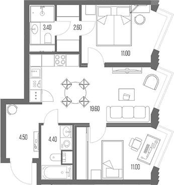 Планировка: 2-комнатная квартира 56,5 м² в ЖК «Северный Порт»