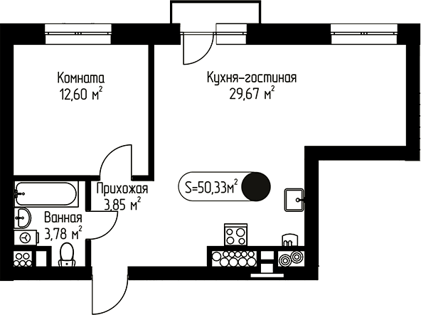 Планировка: Евродвушка 50,3 м² в ЖК «Мечта-квартал Любовь»