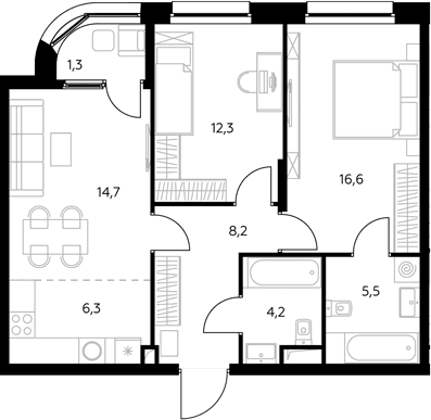 Планировка: Евротрёшка 68,2 м² в ЖК «Адмирал»