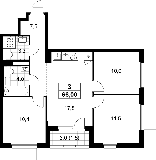 Планировка: Квартира евро-4 64,5 м² в ЖК «Деснаречье»
