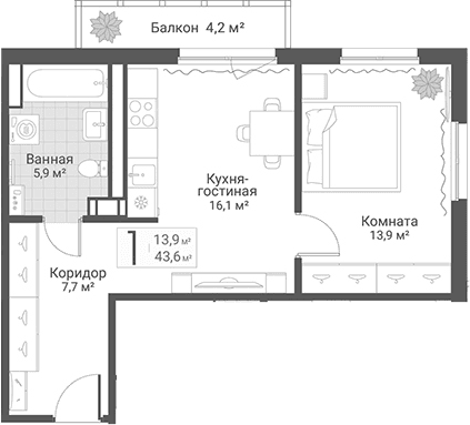 Планировка: Евродвушка 43,6 м² в ЖК «Руднева, 15»