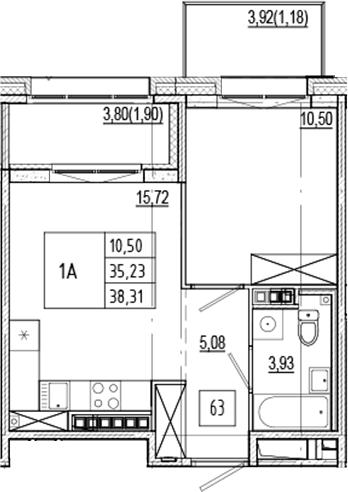 Планировка: Евродвушка 35,2 м² в ЖК «Ranta Residence»