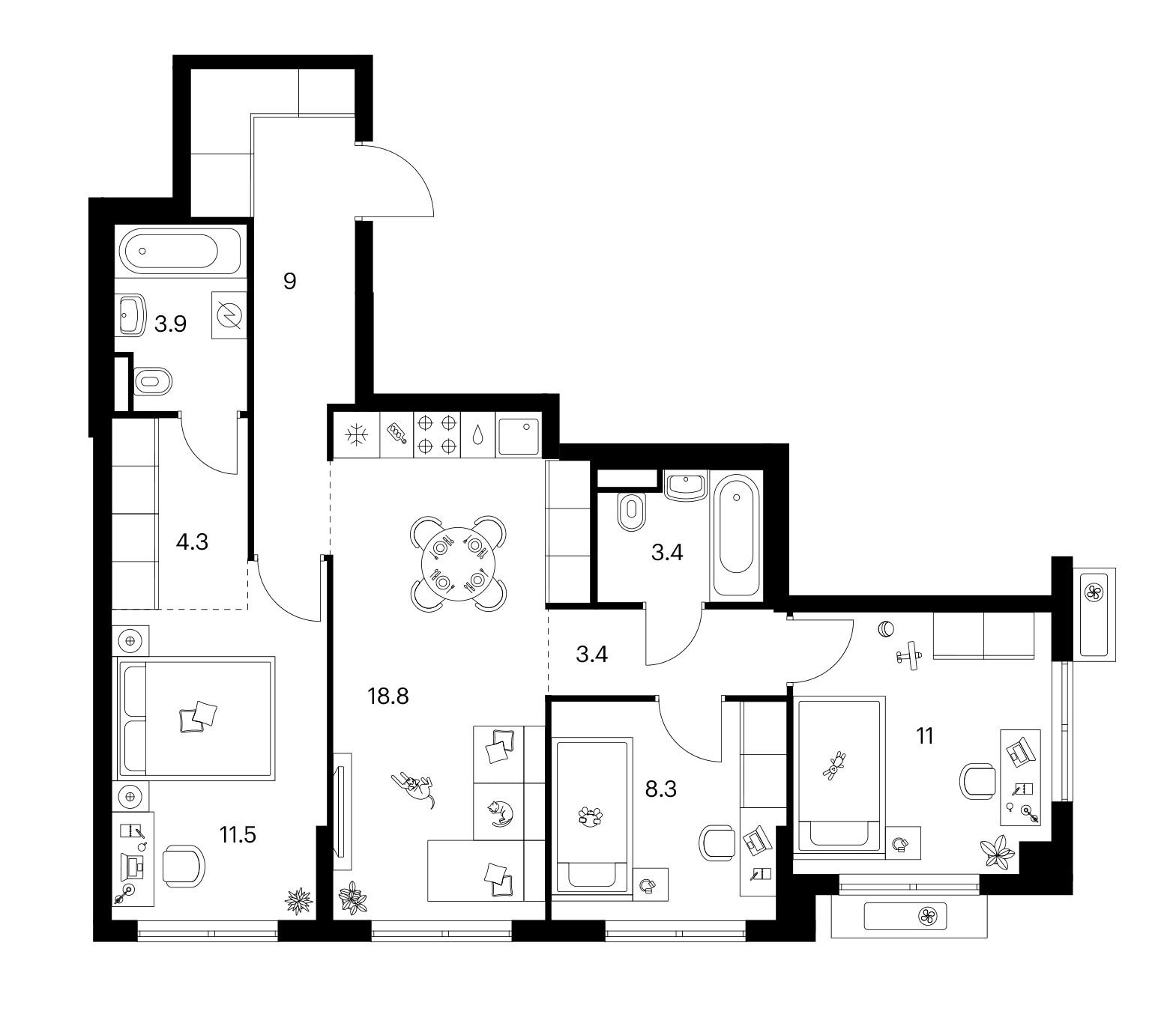 Планировка: 3-комнатная квартира 73,6 м² в ЖК «Ярославский»