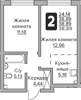 Планировка: Евродвушка 38,9 м² в ЖК «Гранель Тринити»