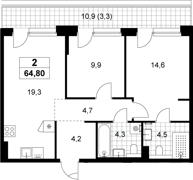 Планировка: Евротрёшка 61,5 м² в ЖК «Хольм»