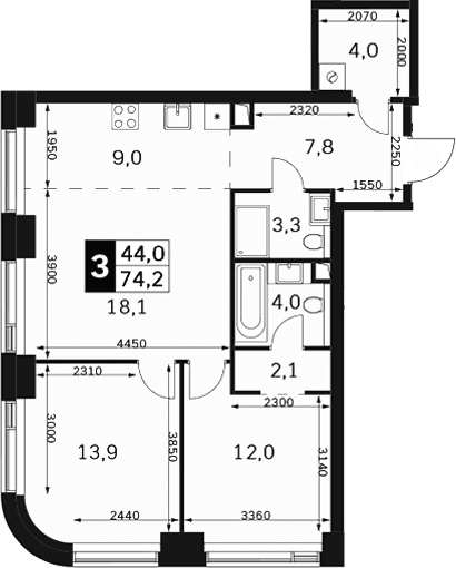 Планировка: Евротрёшка 74,2 м² в ЖК «Амбер Сити»