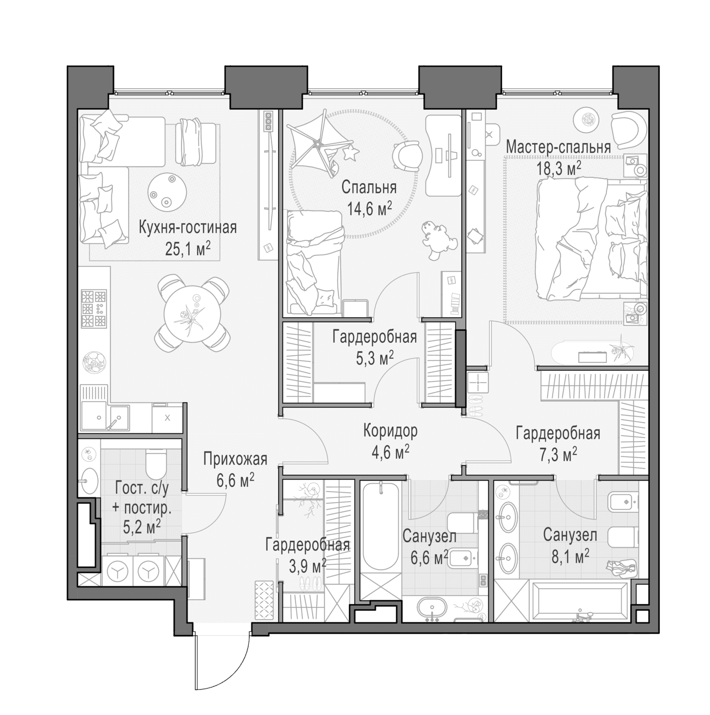Планировка: Евротрёшка 106,7 м² в ЖК «Квартал Life Time»