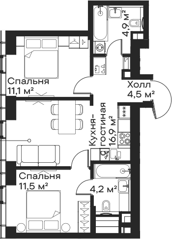 Планировка: Евротрёшка 53,1 м² в ЖК «Сити Бэй»