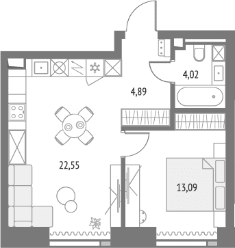 Планировка: Евродвушка 45,3 м² в ЖК «Апсайд Тауэрс»