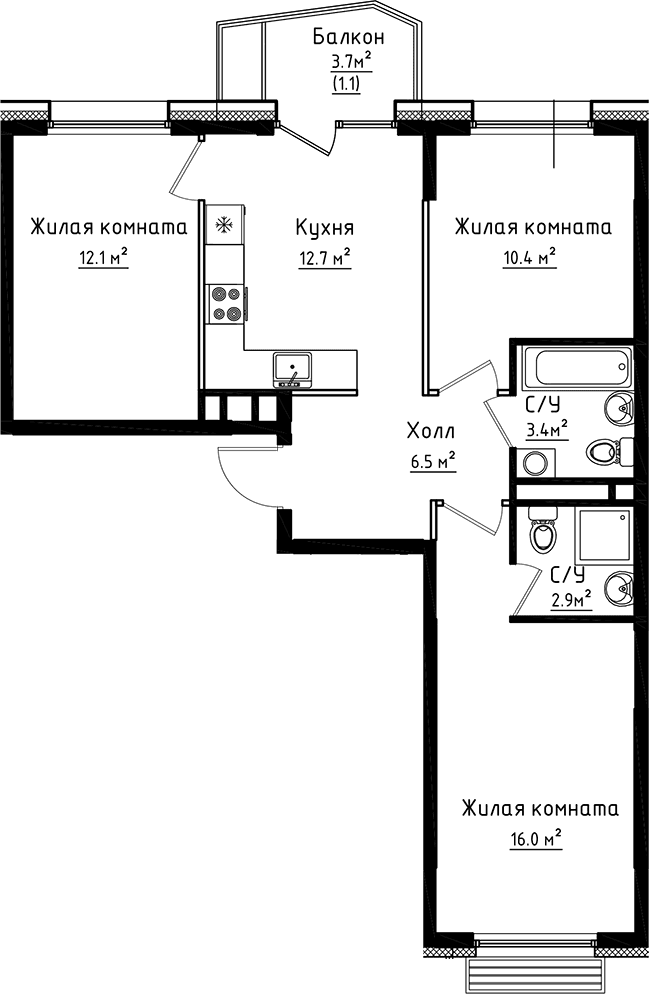 3-комнатная квартира