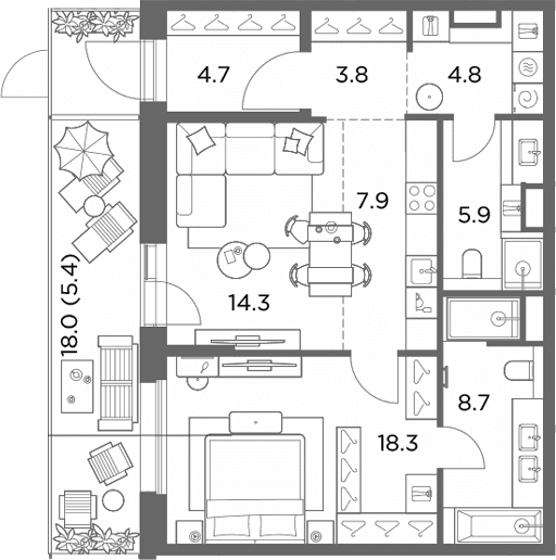 Планировка: Евродвушка 68,4 м² в ЖК «Станиславский»