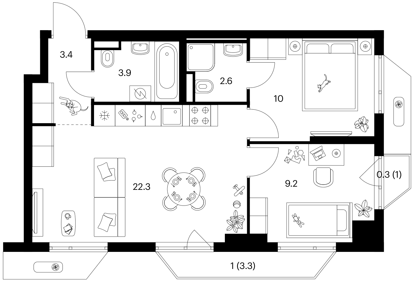 Планировка: 2-комнатная квартира 51,4 м² в ЖК «Зеленый парк»