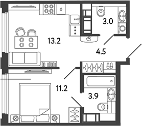 Планировка: 1-комнатная квартира 35,8 м² в ЖК «Гений»