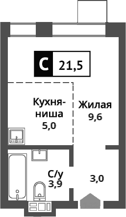 Планировка: Студия 21,5 м² в ЖК «Никольский квартал Отрада»
