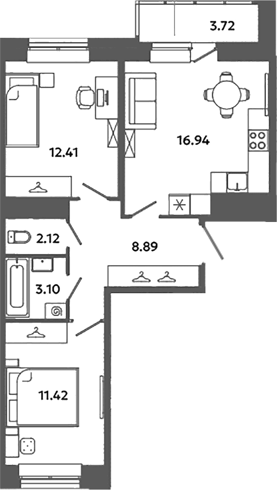 Планировка: Евротрёшка 54,9 м² в ЖК «Загляденье»