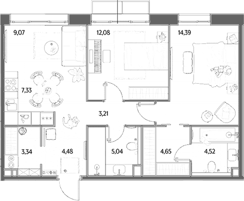 Планировка: Евротрёшка 68,1 м² в ЖК «МЫС»