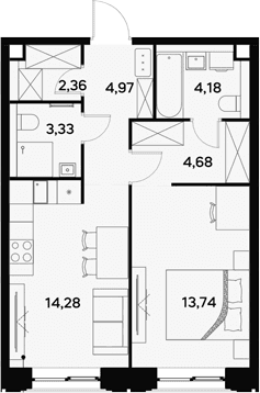 Планировка: 1-комнатная квартира 47,5 м² в ЖК «УЛЬТИМА Сити»