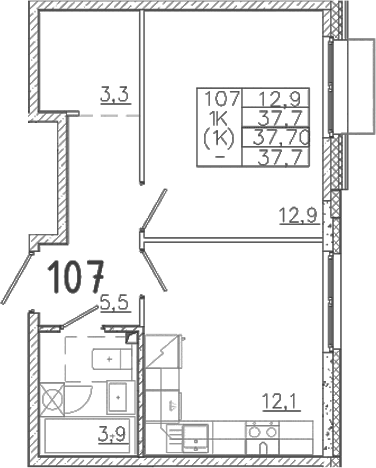 Планировка: 1-комнатная квартира 37,7 м² в ЖК «Лисино»