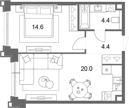 Планировка: Евродвушка 43,4 м² в ЖК «ОМ Ботанический»