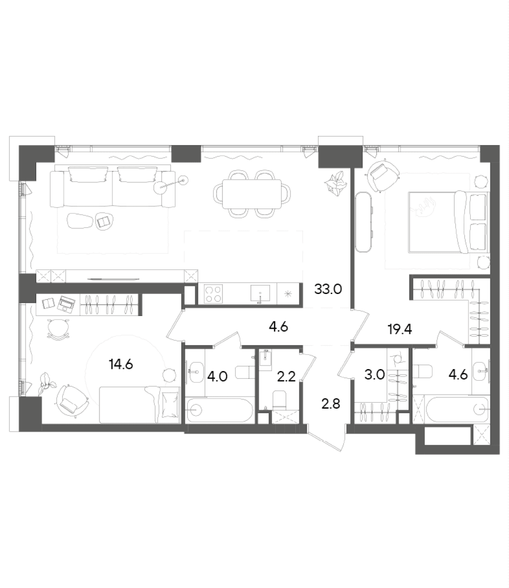 Планировка: Евротрёшка 88,2 м² в ЖК «СТОУН Грэйн»
