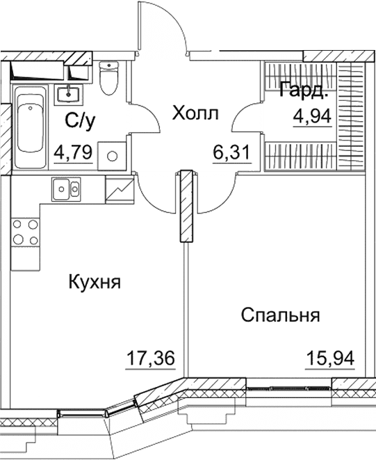 Планировка: 1-комнатная квартира 49,3 м² в ЖК «СЕЗАР СИТИ»