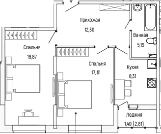 Планировка: 2-комнатная квартира 62,3 м² в ЖК «Рига Хиллс»