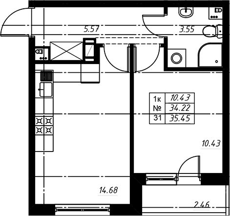 Планировка: Евродвушка 34,4 м² в ЖК «Огоньки»
